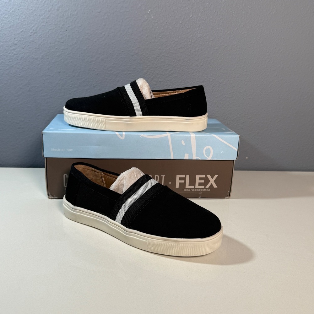 LifeStride Stockton Slip On‎ Sneakers Women 5 Black New Striped Canvas Flats